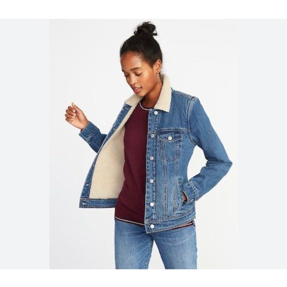 Old Navy Oversized Sherpa-Lined Boyfriend Jean Jacket Women's M Denim Cozy Coat - Picture 2 of 8